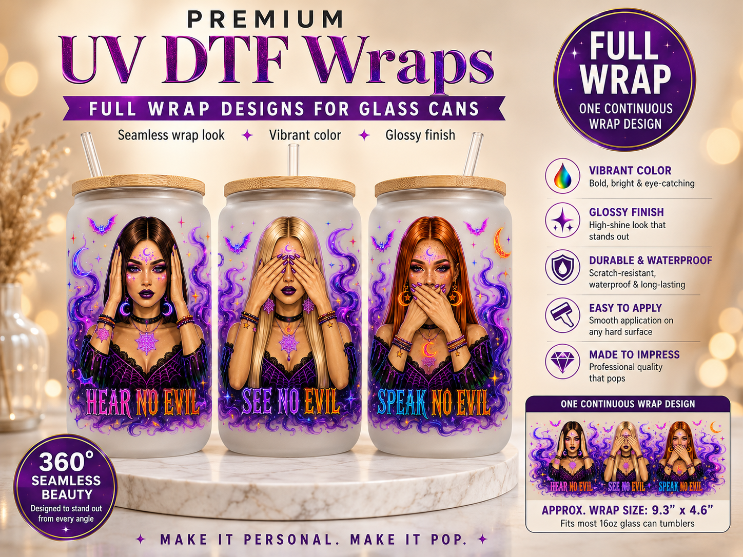 Hear No Evil See No Evil Speak No Evil UV DTF Wrap, Mystical Women 16oz Glass Can Wrap, Ready-to-Apply Tumbler Decal