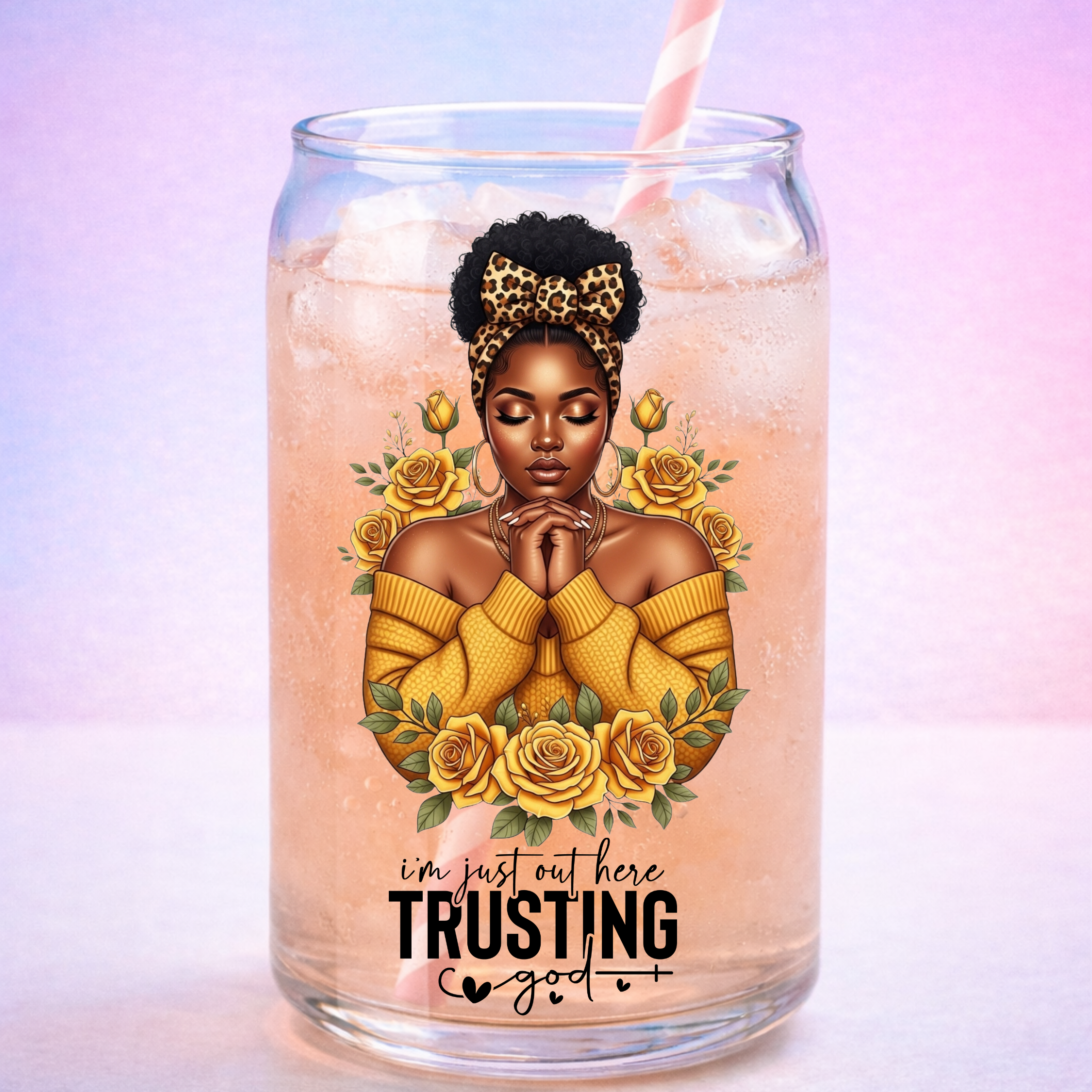 Trusting God UV DTF Sticker yellow| Black Woman Faith Decal | Waterproof Peel & Stick for Tumblers, Cups & Journals