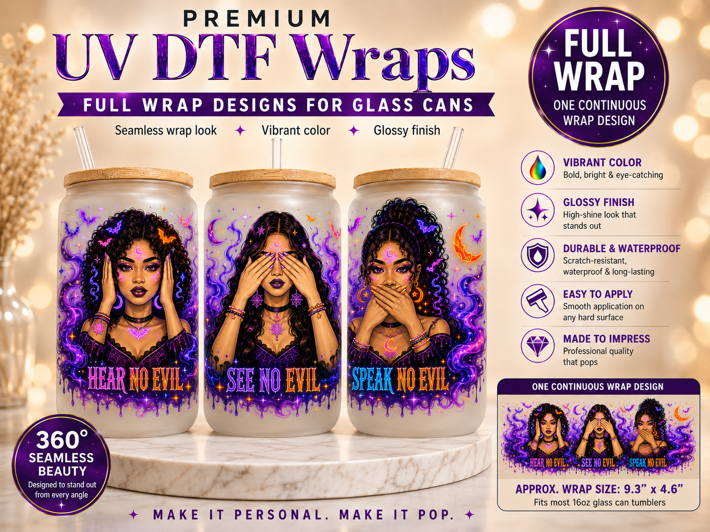 Hear No Evil See No Evil Speak No Evil UV DTF Wrap Ready-to-Apply